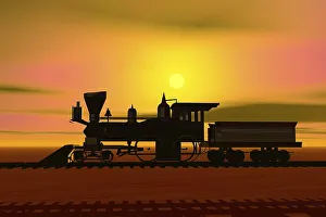 Historic locomotive at sunset, silhouette