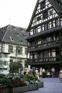 Historic medieval half-timbered buildings in the city centre of Strasbourg, Alsace, France 1974