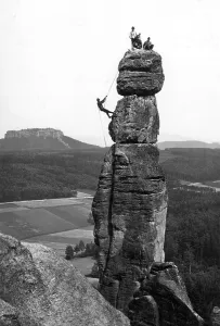 Historic photo, climbers on the free-standing rock formation Barbarine