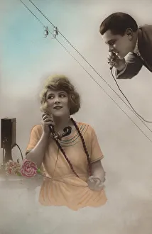 Historic photo, couple on the phone with each other