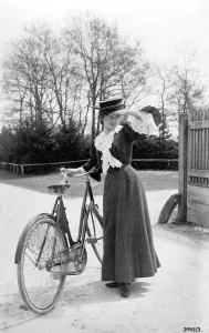 Historic photo, woman with bicycle, ca. 1915