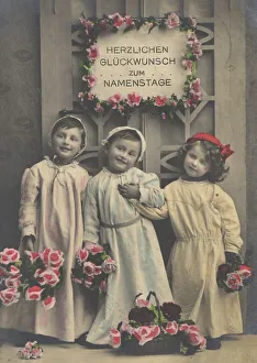 Historic photograph of three children used as a congratulations card celebrating a name day