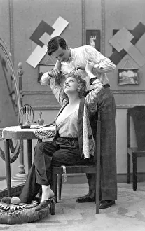 Historic photograph, flirt during a haircut
