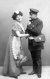 Historic photograph, postman flirting with maid