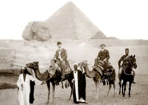 Historic photograph, torist group at the Pyramids of Giza