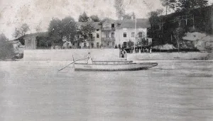 Historic postcard about 1900 Bad Toelz Upper Bavaria Restaurant Isarlust with ferry boat Germany