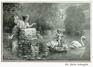Historic postcard about 1900 young Lohengrin with the swan Germany