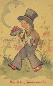 Historic postcard with a boy with a bouquet of flowers and a small dog