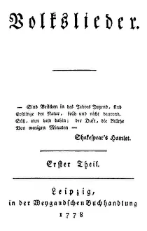 Historic print, 1773, title page of Volkslieder by Johann Gottfried von Herder