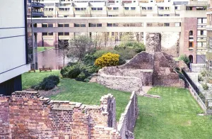 Historic ruins of the city wall in the Barbican, London, England, UK