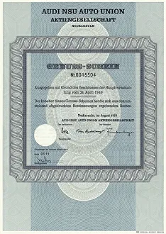 Historic share certificate, participation certificate of Audi NSU Auto Union Aktiengesellschaft