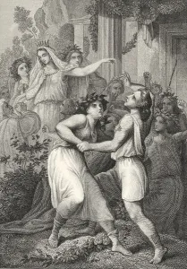 Historic steel engraving, dance of the virgins