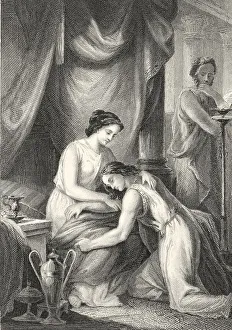 Historic steel engraving, scene from the Tale of Agathon