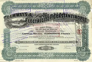 Historic stock certificate, image of a tram