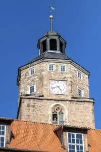 Historic tower with clock in the city Wasungen