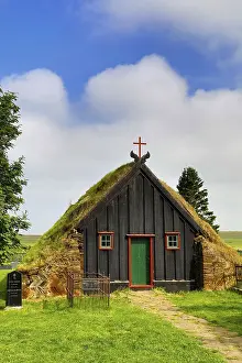 The historic turf-covered peat church Vidimyrarkirkja