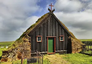 The historic turf-covered peat church Vidimyrarkirkja