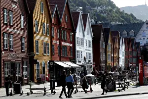 Historic wooden houses in Bergen Hanseatic Quarter in sunny weather
