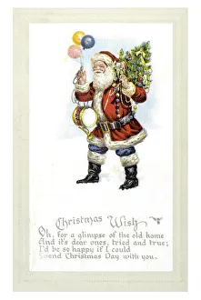 Historical Christmascard, Father Christmas with balloons and a Christmas tree