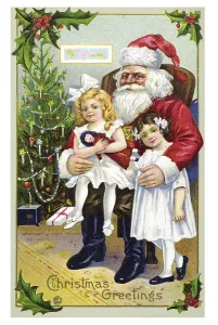 Historical Christmascard, Father Christmas with two girls in front of Christmas tree