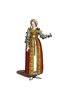 Historical clothing, fashion through the ages, An old traditional costume of a noble maiden from Friesland, around 1710, Germany, digitally restored reproduction of a model from the 18th/19th century, exact date unknown, woman in traditional