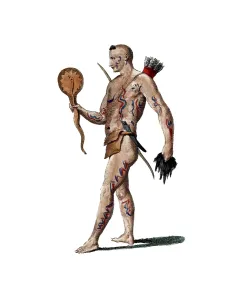 Historical clothing, fashion through the ages, A Native American living in northwest Louisiana in 1741, America, digitally restored reproduction of an 18th/19th century original, exact date unknown, Indigenous warrior with tattoos