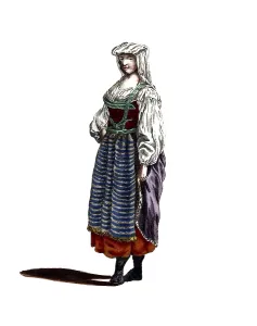 Historical clothing, fashion through the ages, traditional traditional costume of a farmer from Calabria, 1768, Italy, digitally restored reproduction of a model from the 18th/19th century, exact date unknown, woman in medieval dress with headscarf