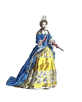 Historical clothing, fashion through the ages, clothing of the Duchess of Orleans in 1700, France, digitally restored reproduction of a model from the 18th/19th century, exact date unknown