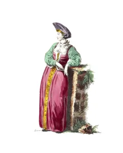 Historical clothing, fashion through the ages, clothing of the woman of a Russian peasant in 1768, digitally restored reproduction of a model from the 18th/19th century, exact date unknown, woman in simple pink dress with green detail