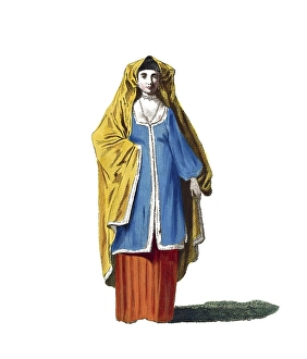 Historical clothing, fashion in the course of time, clothing of a Russian farmer in 1764, digitally restored reproduction of a model from the 18th/19th century, exact date unknown, woman with yellow scarf and blue dress looks intensively