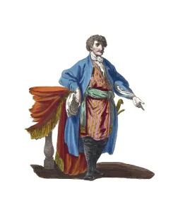 Historical clothing, fashion in the course of time, clothing of a man from Georgia in 1760, digitally restored reproduction of a model from the 18th/19th century, exact date unknown, man in traditional clothing with blue coat and red accessory