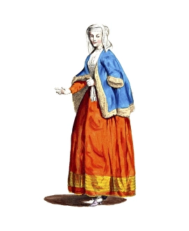Historical clothing, fashion in the course of time, dress of a lady in Holland around 1640, digitally restored reproduction of a model from the 18th/19th century, exact date unknown