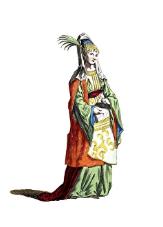 Historical clothing, fashion in the course of time, clothing of a noble lady from Alexandria in 1581, digitally restored reproduction of a model from the 18th/19th century, exact date not known