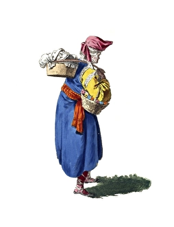 Historical clothing, fashion in the course of time, clothing of a market woman from Russia in 1768, digitally restored reproduction of a model from the 18th/19th century, exact date unknown, woman in traditional clothing with basket on her back