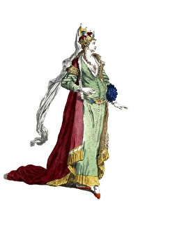 Historical clothing, fashion over the course of time, clothing of a Tartar princess, 1700, digitally restored reproduction of a model from the 18th/19th century, exact date unknown, queen in a green dress with red cape, looks majestic and elegant