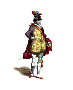 Historical clothing, fashion over time, clothing of a French nobleman in 1626, France, digitally restored reproduction of an 18th/19th century model, exact date unknown, costumed man in yellow-red outfit with striking hat, Europe