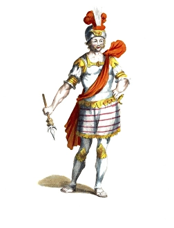 Historical clothing, fashion over time, clothing of a Roman in the year 44, Rome, digitally restored reproduction of a model from the 18th/19th century, exact date unknown, soldier in elaborate armour with helmet and spear