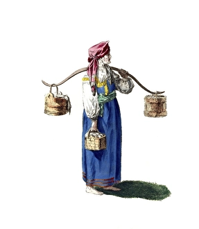 Historical clothing, fashion over time, clothing of a market woman from Russia in 1764, digitally restored reproduction of a model from the 18th/19th century, exact date unknown