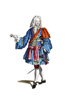 Historical clothing, fashion over time, clothing of the Duke of Burgundy in 1700, France, digitally restored reproduction of a model from the 18th/19th century, exact date unknown, elegant man in baroque costume with white wig, Europe