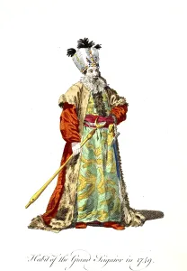 Historical clothing, fashion over time, clothing of the Grand Seignior, Emperor of the Turks, in 1749, digitally restored reproduction of an 18th/19th century model, exact date unknown