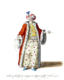 Historical clothing, fashion over time, clothing of the Grand Seignior, Emperor of the Turks, in the year 1700, digitally restored reproduction of a model from the 18th/19th century, exact date unknown