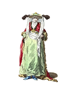 Historical clothing, fashion over time, clothing of the Greek sultana in 1749, digitally restored reproduction of a model from the 18th/19th century, exact date unknown, elegant woman in traditional oriental traditional costume with headdress