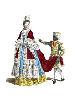 Historical clothing, fashion over time, clothing of the Marquise of Belfont, daughter of the Duke of Mazarin, in 1700, digitally restored reproduction of a model from the 18th/19th century, exact date unknown, Baroque lady and servant