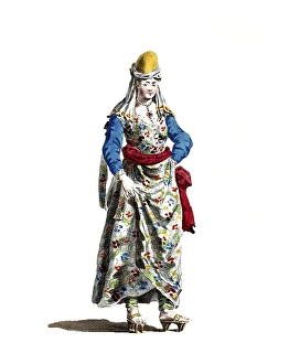 Historical clothing, fashion over time, clothing of the Turkish lady of the Seraglio of the Grand Viziers, 1568, digitally restored reproduction of an 18th/19th century model, exact date unknown, woman in flowery dress with red sash and high shoes