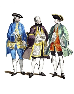 Historical clothing, fashion over time, clothing of English gentlemen in the years 1735 (a) 1745 (b) 1755 (c) 1757-1772, digitally restored reproduction of an 18th/19th century model, exact date unknown