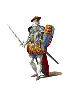 Historical clothing, fashion over time, military uniform of Edward VI, Edward Tudor, born 12 October 1537, died 6 July 1553, as the third monarch of the Tudor dynasty from 1547 to 1553 King of England and Ireland, here in 1552