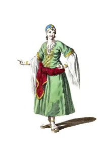 Historical clothing, fashion over time, lady from the Barbary coast in morning dress, 18th century, digitally restored reproduction of an 18th/19th century model, exact date unknown, man in green traditional dress