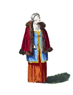 Historical clothing, fashion over time, morning dress of a lady from Russia around 1764, digitally restored reproduction of a model from the 18th/19th century, exact date unknown, woman in old-fashioned fur coat, wearing blue and red