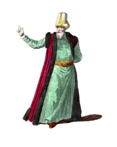 Historical clothing, fashion over time, The ceremonial dress of the Grand Vizier in 1700, digitally restored reproduction of an 18th/19th century model, exact date unknown, man in green robe with energetic gesture