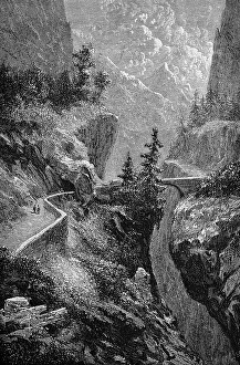 Historical and dangerous Viamala or Via Mala gorge on the Hinterrhein, alpine mountains, fir trees, stone bridge, narrow road, danger of accident, journey, depth, fall, geology, canton of Graubuenden, Switzerland, historical illustration 1885